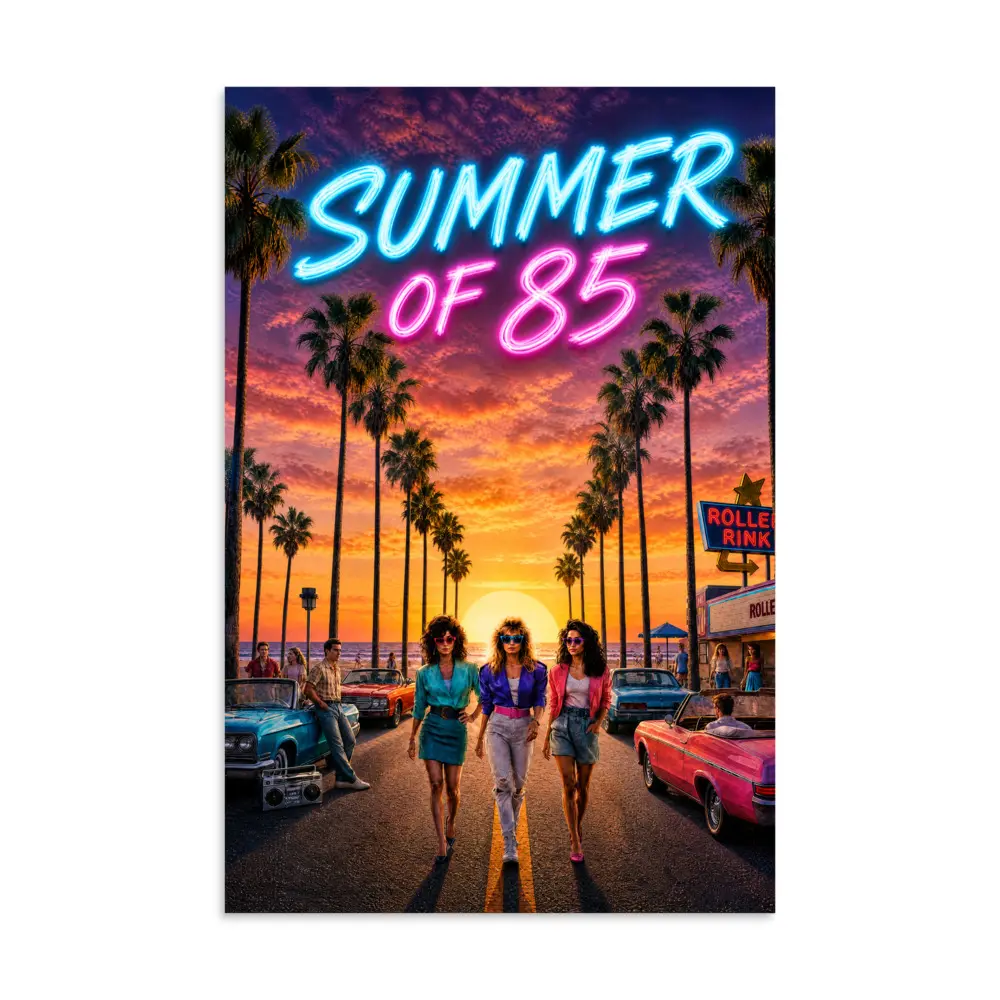 Summer of 85 Retro 80s Poster - Neon Synthwave California Sunset Wall Art Print