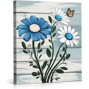 Rustic Floral Wall Art Decor Farmhouse Daisy Flower Butterfly Canvas Print Poster Flowers Pictures Framed Painting for Home Farmhouse Bedroom Wall Decor