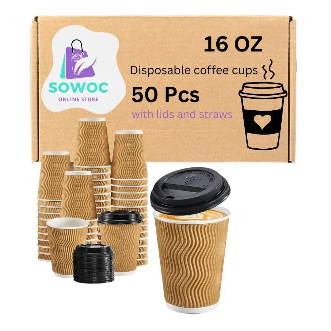 50 Pack - 16 oz Insulated Disposable Coffee Cups with Lids and staws-Champagne