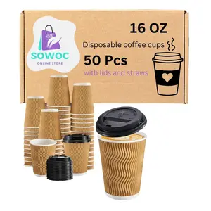 50 Pack - 16 oz Insulated Disposable Coffee Cups with Lids and staws-Champagne