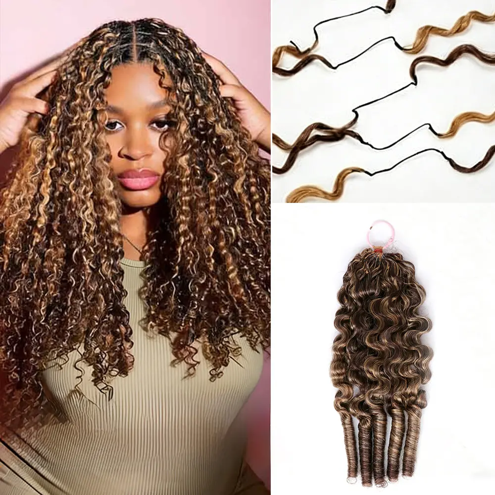 Miracle Knots Boho Crochet Hair 4/27 Mixed Brown Highlight Burmese Spiral Curly Human Hair Soft Feather Crochet Braid Extensions for Women