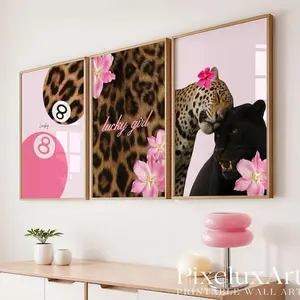 Pink Leopard Wall Art Set of 3 Preppy Cheetah Gallery Posters, Girly Y2K Fashion Poster for Teen & Dorm Room Decor, Trendy Stylish Pink Posters