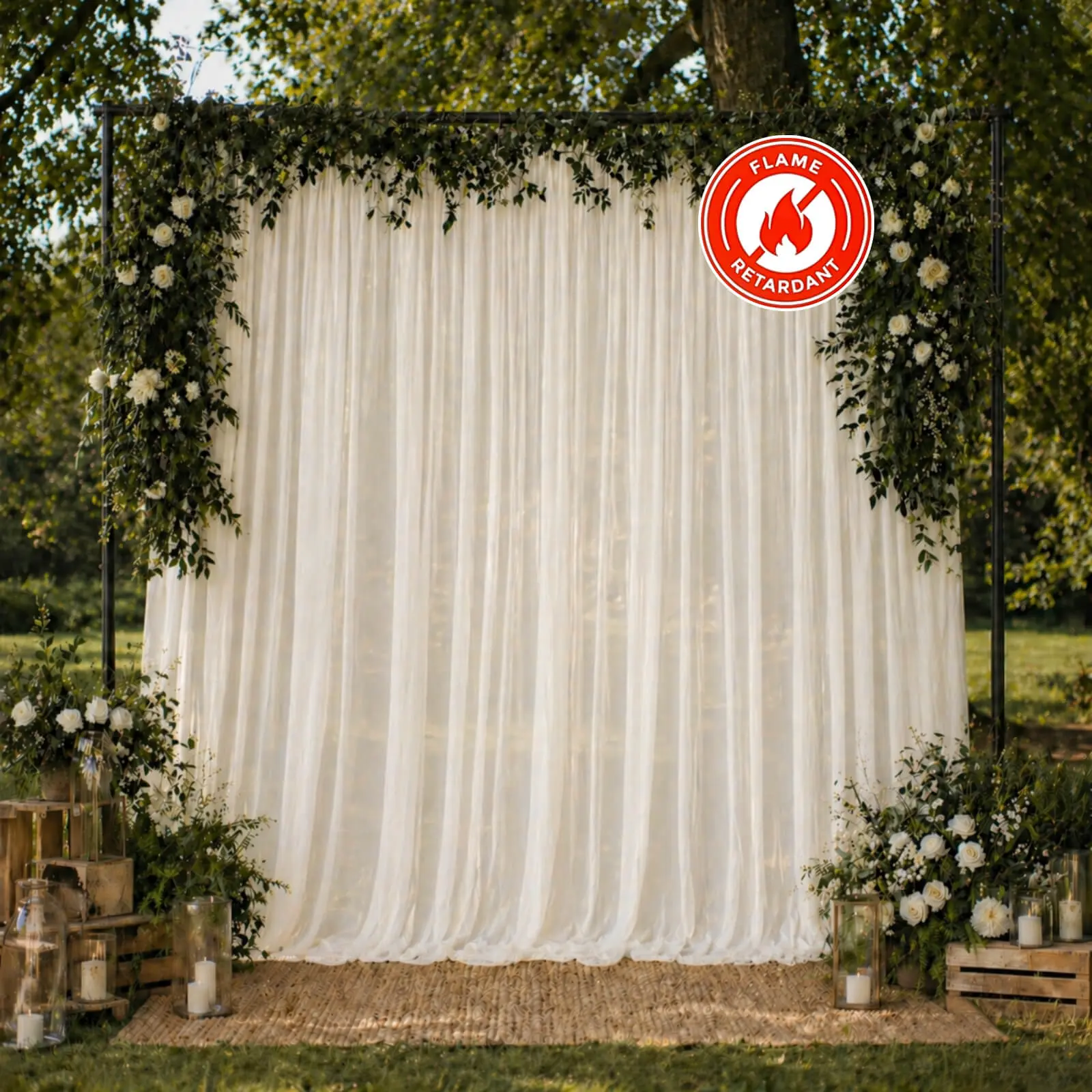 10ft x 10ft Ivory Chiffon Backdrop Curtain Panel - Durable, Flame-Resistant Sheer Draping Fabric with Rod Pocket for Wall, Wedding, Bridal Shower, Indoors, Party, Wall Backdrop
