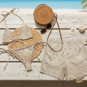 His & Hers Leopard Couple Swimsuit Matching Swimwear - Neutral Tones Animal Print Bikini Set & Matching Men's Shorts for Tropical Holiday