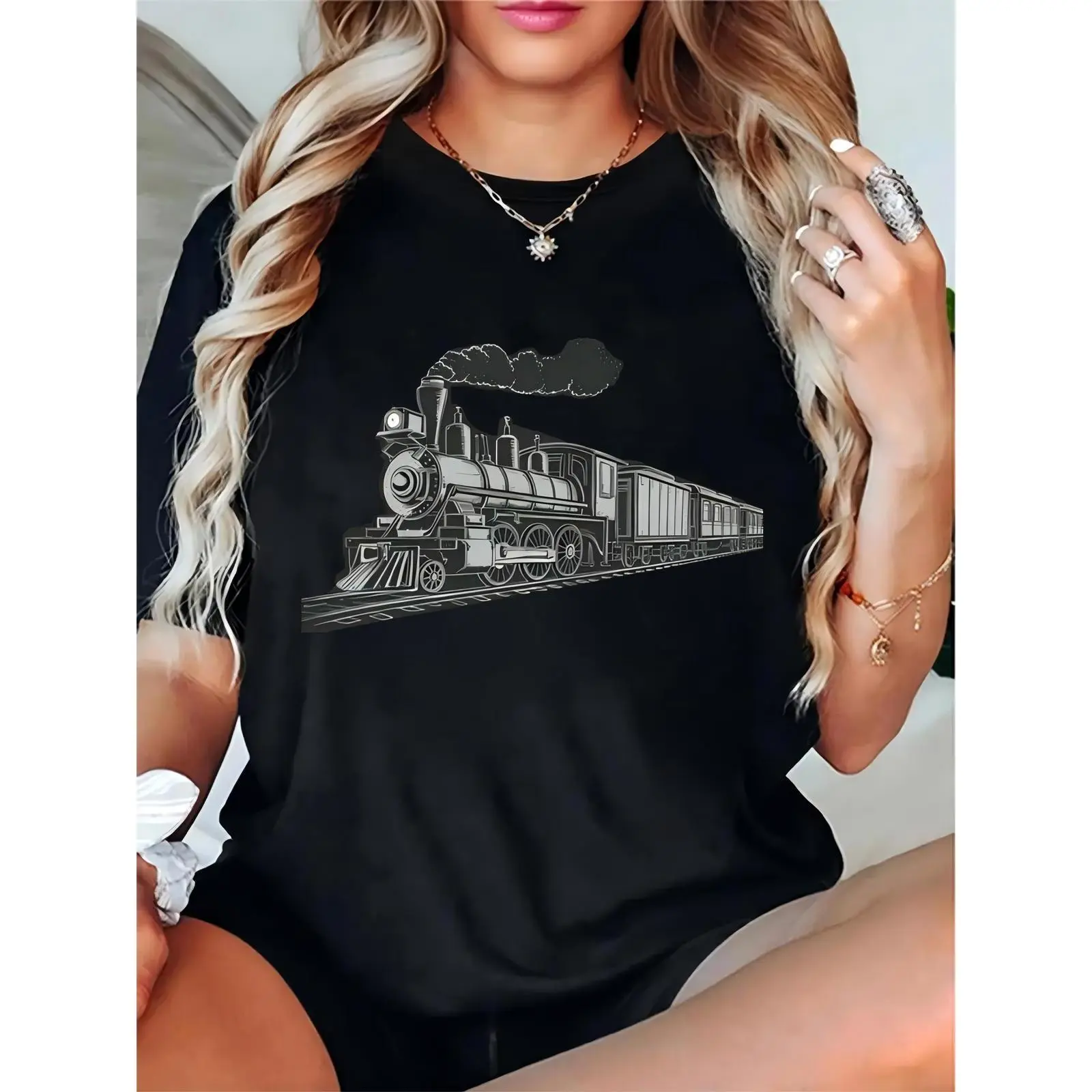 Women's Black Vintage Steam Train Graphic T-Shirt, Retro Locomotive Print, Casual Daily & Travel Wear for Train Enthusiasts