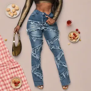 Women's Plus Size Jeans Clothing Multi-layered Raw Edge Mid-rise Skinny Bootcut Pants with Distressed Details