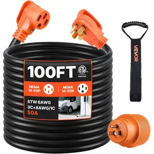 VEVOR 50 Amp RV Extension Cord 50 Feet, Heavy Duty STW 6/3+8/1 AWG Power Cord NEMA 14 - 50P to 14 - 50R, with 15A Adapter, LED Power Indicator, for RV Generator Camper, ETL ListedVEVOR Super Brand Day
