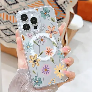 A Multi-Colored Floral Painted Case That Supports Wireless Attachment, Designed for a Minimalist Yet Luxurious Look, for  Iphone 16, 15, 14, 13, 12,  11 Pro Max. A Perfect Valentine'S Day Gift for Friends Or Loved Ones. Smartphone Cover