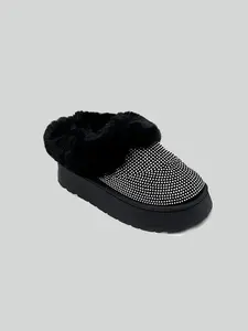 Black Embellished Faux Fur Platform Booties