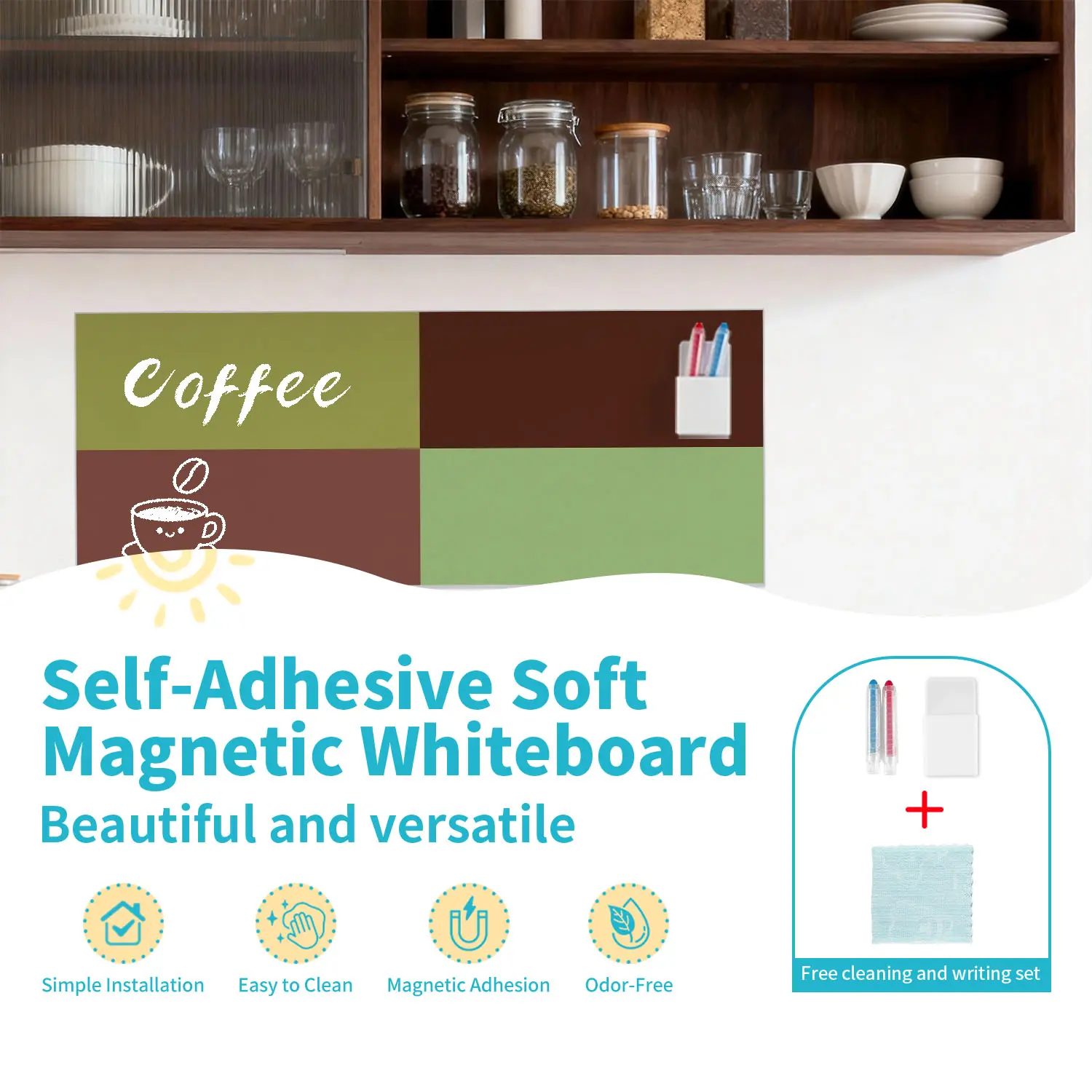 Self-Adhesive Magnetic Whiteboard Wall Sticker, Removable Vinyl Decal, Multi-Color Design, Easy to Clean, Reusable, Home Decor, 100cm X 40cm