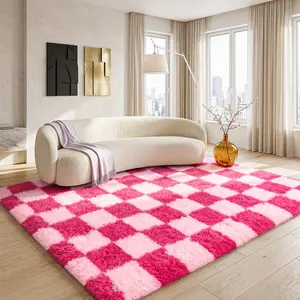BOOPBEEP Fluffy Shaggy Area Rug, Super Soft&Cozy Rug Non-Slip Plush Carpet, Rug Floor Mat For Home Decor, Rug For Living Room, Bed Room, Dorm, Room Decor, Back To School Supplies, Accent Rugs And persian rugs, Mother's Day Gilf, Hot Pink Checkered