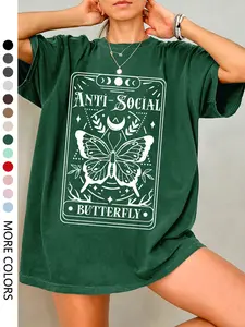 Women's Butterfly Print Round Neck Knitted T-Shirt, Casual Oversized Loose-Fitting Top for Summer Outdoor Activities, Stylish Daily Wear T-Shirt