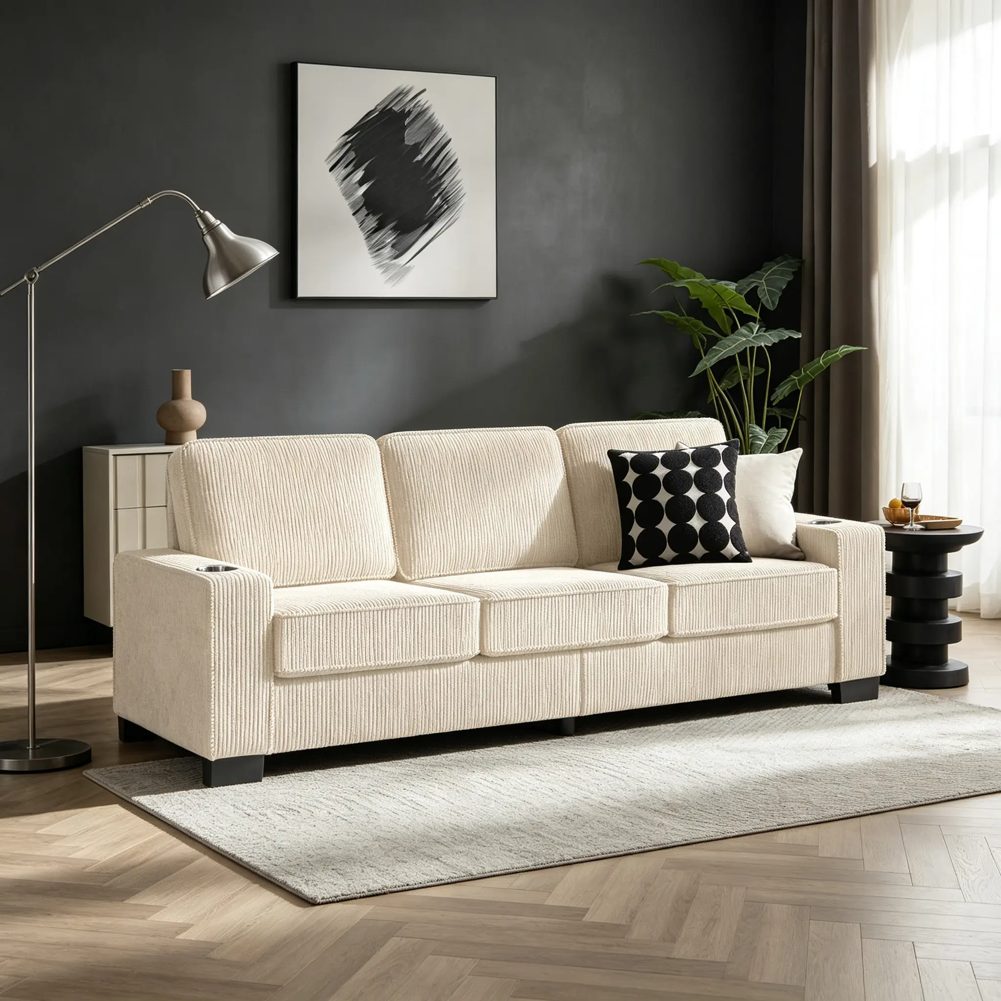 84" Corduroy Upholstered 3-Seat Family Fit Sofa - Sturdy Fixed Cup-Holder Arms, High-Density Sponge Pads, Removable Washable Cushion Covers, Pet-Friendly Stain-Resist Corduroy Fabric, Easy-Care Modern Sofas for Living Room
