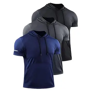 【Purchase one size larger】Men's Plain ShortSleeve Workout Short Sleeve Mesh Athletic T-Shirts with Hooded Sportswear Compression QuickDrying T-shirt Gym Tops Athleisure Street Fit