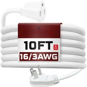 PALARlNE Indoor Flat Plug White Extension Cord 10ft, UL Listed, 16/3 SJTW 3 Prong Heavy Duty, 16 Gauge 13A Power Cord for Lights, Appliance, Home, Office