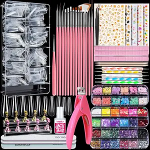 Acrylic Fake Nails Kit for Press On Nails – Clear Coffin Nail Tips, Nail Art Brushes, Glitter, Rhinestones & Manicure Tools | TikTok Trending Nail Set Flower Clipper