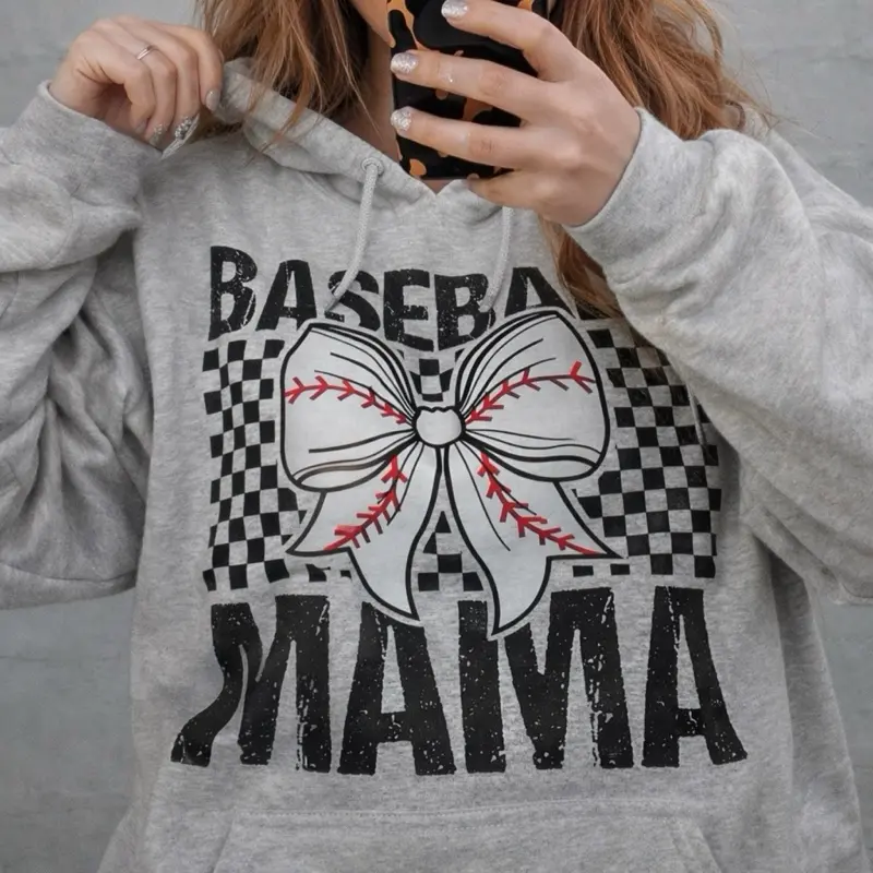 Baseball Mama Hoodie for Women - Grey Sweatshirt with Bow Design - Womenswear