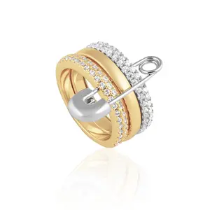 Eva Stacked Safety Pin Ring - Gold and Silver Color with Sparkling Accents, Includes Clasp and Safety Feature