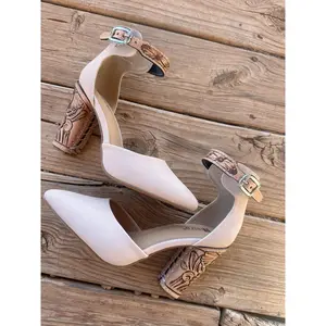 4 inch Tan Closed Toe Tooled Heels