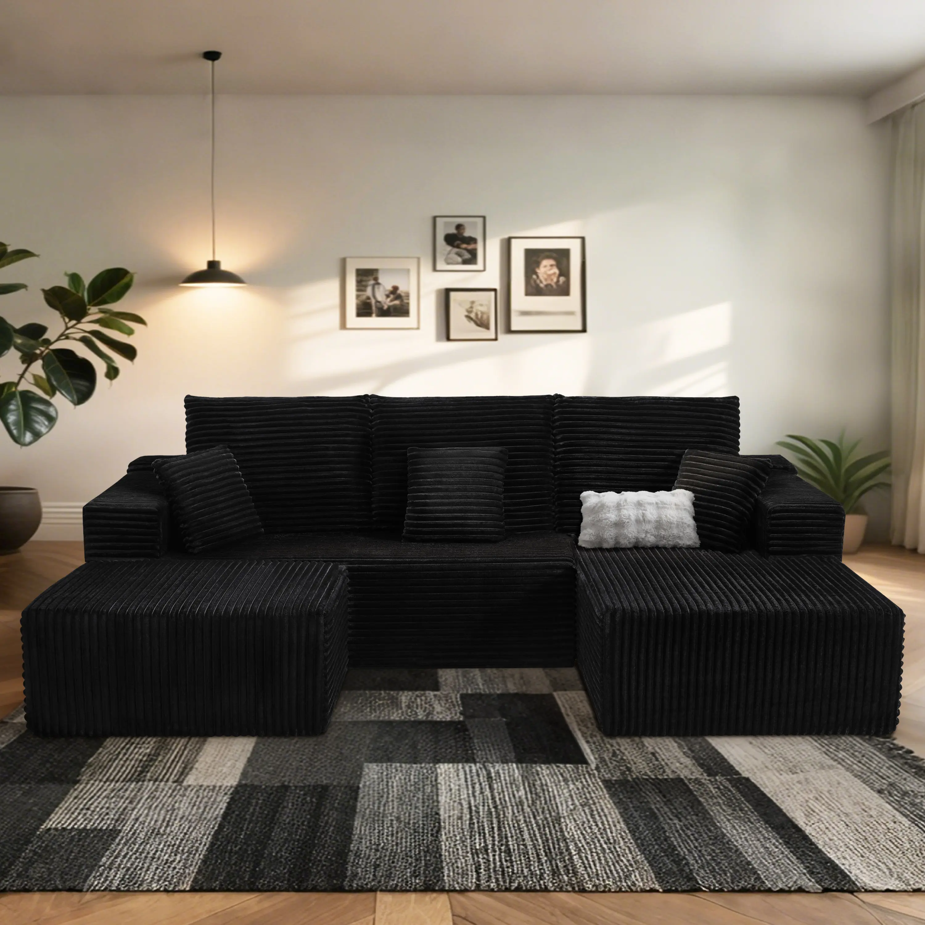 HSECOYAY Sectional with 105" ModularCorduroy Sofa -Cloud-Soft U-Shaped Couch +Chaise, Ottoman & 6 Pillows -No AssemblyNeeded-Retro Corduroy Fabric, Washable, Pet &Kid-Friendly, Boneless Compressed Design, 4-5Seater Capacity,Modern Modular