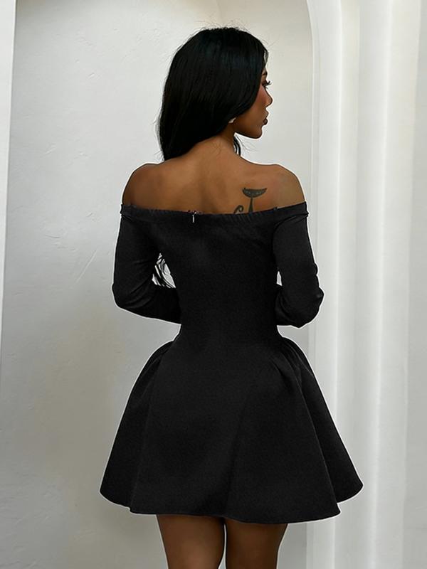 Women's Plain Off Shoulder A Line Dress - Elegant Long Sleeve Outfit for Valentine's Day, Party, Wedding Guest & Holiday