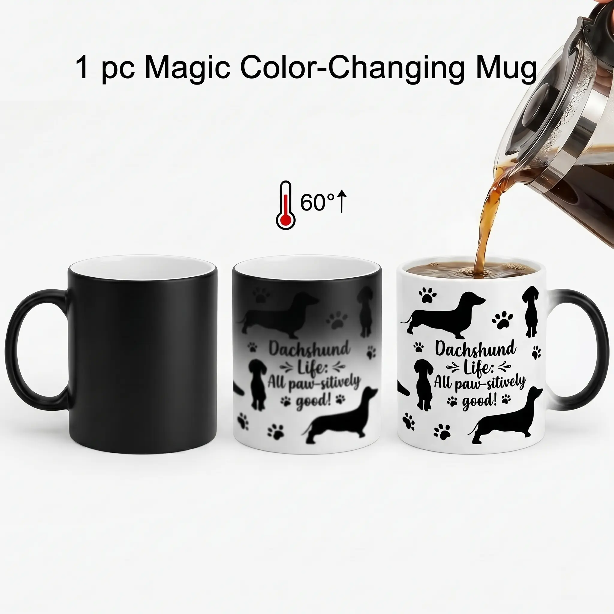 11oz Classic Reusable Dachshund Heat-Reveal Color Changing Mug, Humorous "All Paw-sitively Good" Beverage Cup, Letter D Mugs for Sausage Dog Mom Lovers, Birthday Mother's Day Kitchen Drinkware, Humorous Statement Mugs