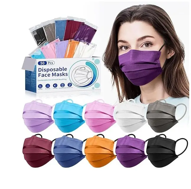 Disposable Face Mask for Adults - 4 Ply Protection, Individually Wrapped 50 Pack, 10 Colors, Breathable Comfortable & Safe