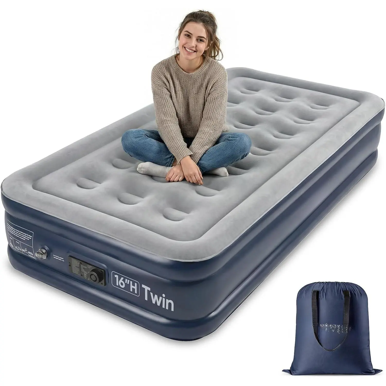 Twin Air Mattress with Built in Pump, 16" Raised Compact Blow up Mattress, Inflatable Mattress for Camping Guest Home, Portable Travel Air Bed, 3-Min Quick Inflation Deflation, Colchon inflable