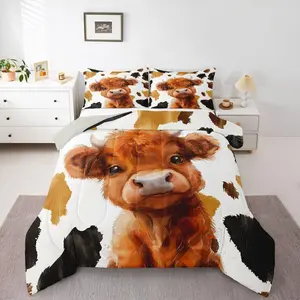 Cute Highland Cow Comforter Set,Toddler,Farm Animal Bedding Set,for Kids Girls Boys Room Decor,Milk Cow Pattern Duvet Insert Western Rustic Quilted Duvet