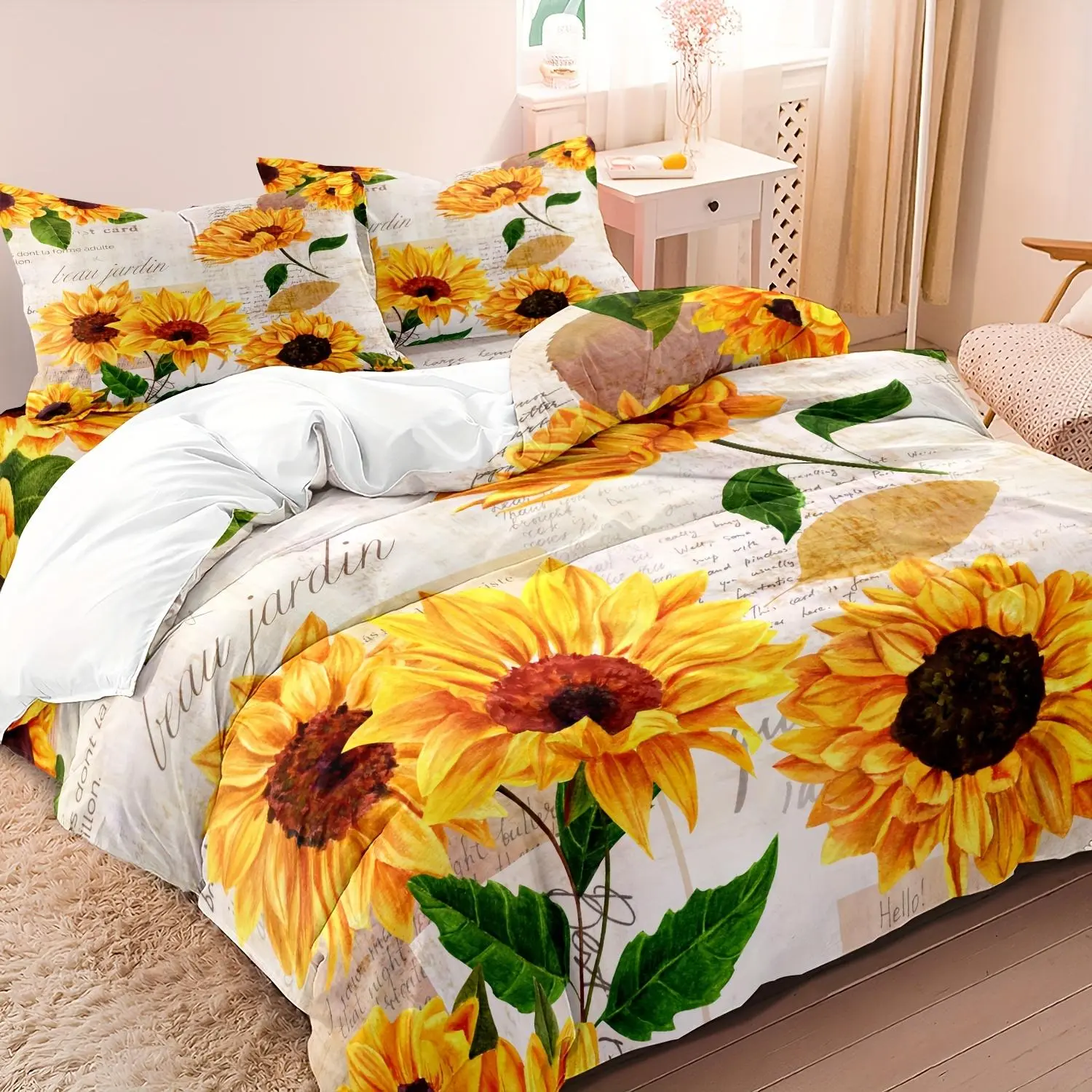 Sunflower Floral Print Bedding Set, Floral Bedding Sets, Printed Bedding Set, 1 Set Including 1 Duvet Cover & 2 Pillowcases without Filler, Soft Comfortable Breathable Bedding Set for Bedroom, Rooms, Dormitories, Decorative Bedding Set