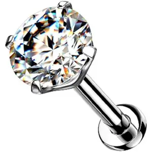 - 16-20GA G23 Implant Grade Titanium Threadless Push-in Prong Set CZ Crystal Top Flat Back Labret Monroe Lip Nose Cartilage Helix Tragus Conch Ear Lobe Barbell Stud