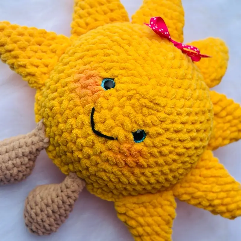 Little Sunshine Crochet Sun Plush Toy - Yellow with Smiling Face, Brown Arms & Red Bow Detail, Handmade, Ideal for Comfortable Gifting