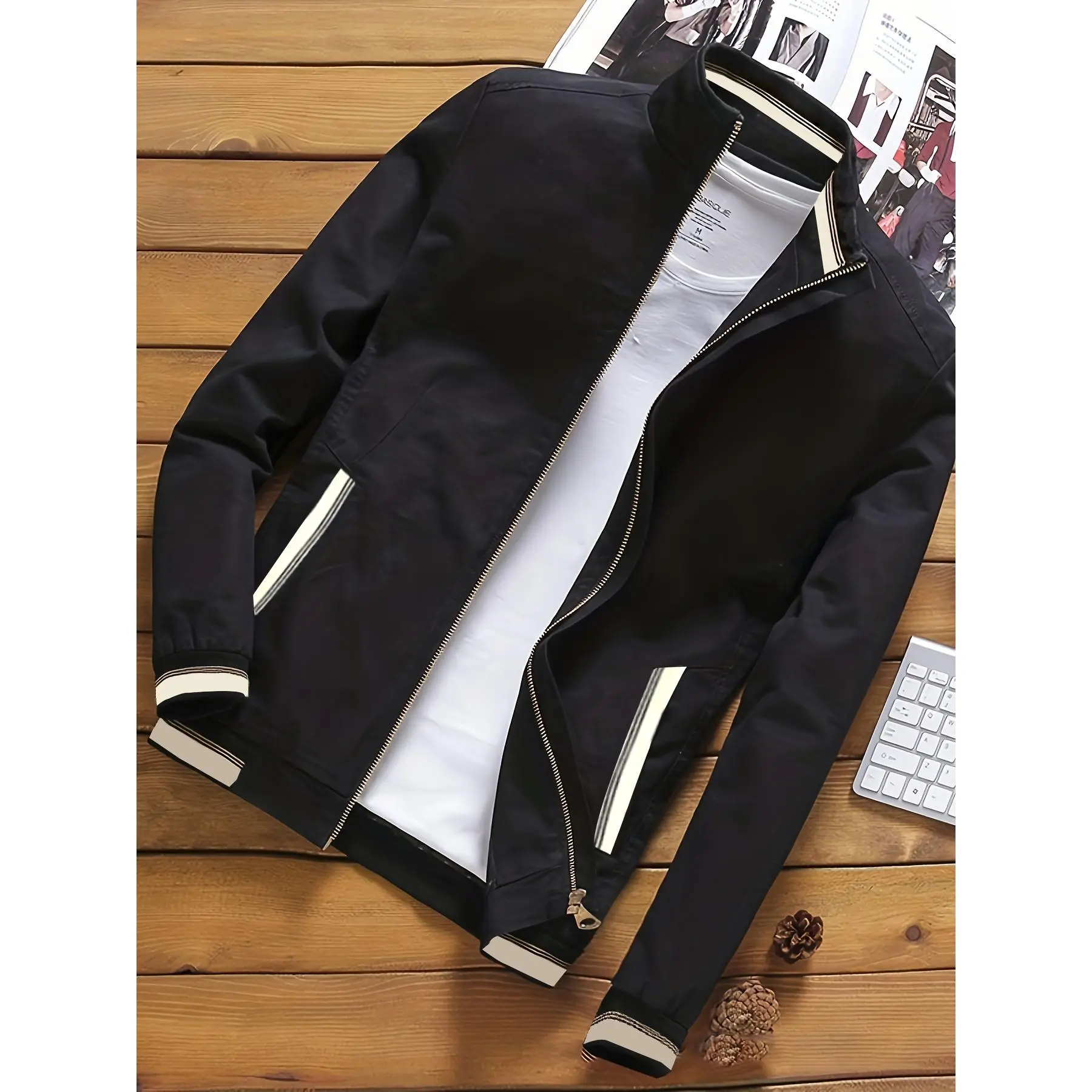 [For Men Casual Band Jacket] Men's Fashion Casual Mature Band Collar Jacket For Spring/autumn, Oversized Loose Fit Long Sleeve Coat For Males, Men's Clothing, Plus Size