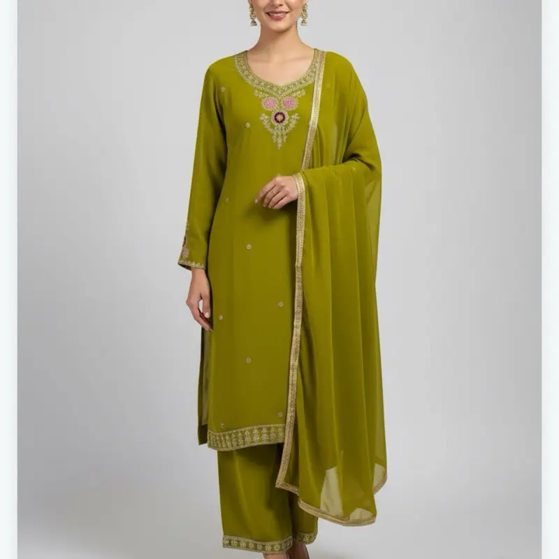 simple Elegant Perfect for Any Occasions Green Embroidered Kurta with Dupatta Womensw