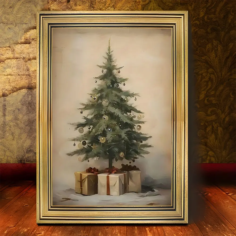 1pc Vintage Black Golden Frame Canvas Painting Christmas tree with gift boxesl, Christmas present. Give Family And Friends Holiday Gifts For Living Room, Home Wall Decoration