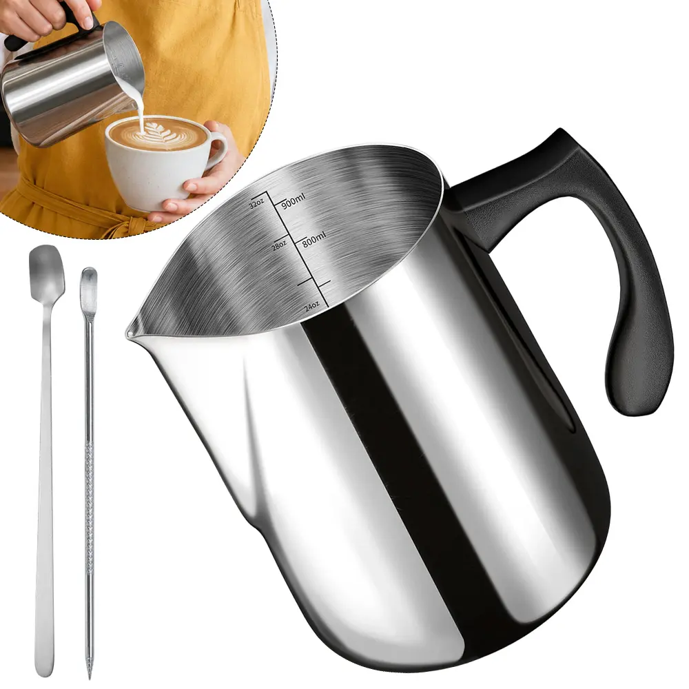 3 PCS 900ml graduated 304 stainless steel Bring a highlighter and a stirring spoon - Perfect for Latte Art And Coffee Decoration, Ideal for Home And Commercial Use