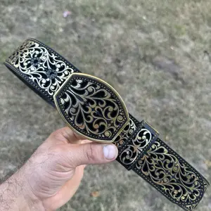 Ramos Western Belt Cinto Oro - 2 inch Width, Laser Engraved, Beef Leather, Gold Color with Black Interior