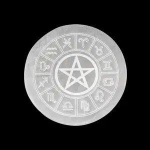 Selenite Charging Disc Etched Zodiac Pentacle