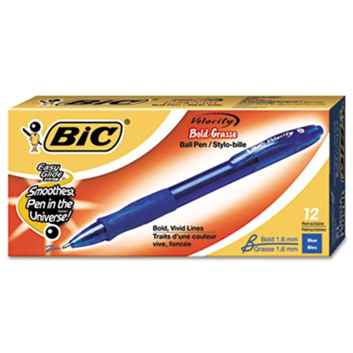 Bic Velocity Retractable Ballpoint Pens - Blue Ink, Bold Point, Contoured Grip, Extra-Wide Grip, High-Impact Appearance, No Cap to Lose, 12-Count Office Writing Supplies