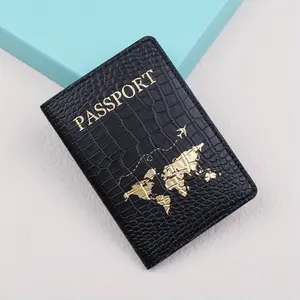 BlackGold Passport Holder - Lightweight Anti-Theft Crocodile-Embossed Travel Passport Holder Golden Lettering & World Map Design - Ideal for Vacations