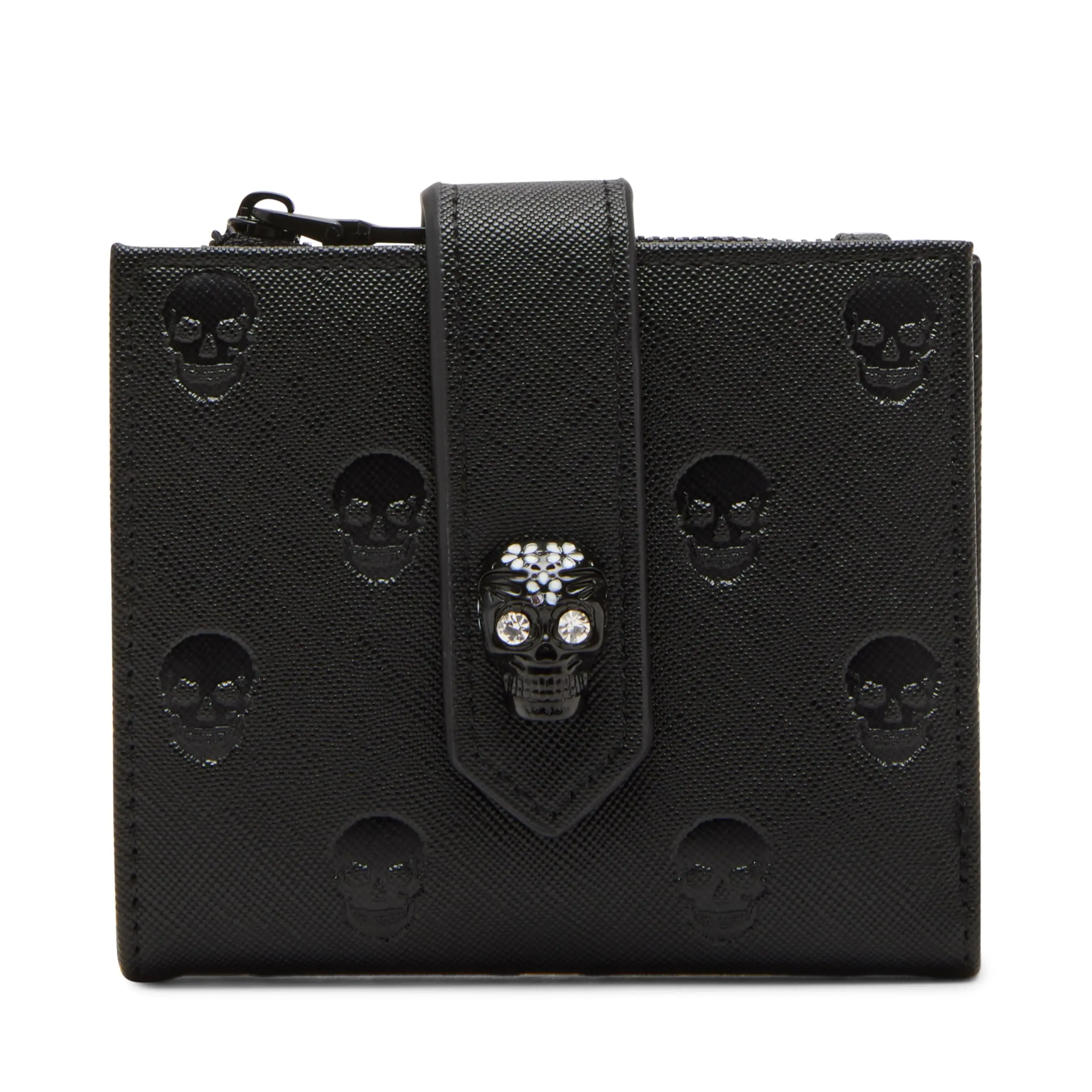 Betsey Johnson Skullicious Women's Business Minimalist Bifold Wallet, Black Cow Hide Leather Card Holder with Unique Skull Design