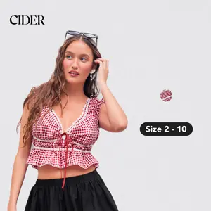 Cider [size 2-10] V-neck Gingham Knotted Sleeveless Blouse, V-neck Checks Blouse for Daily Casual, Girls' Summer Cute Blouse