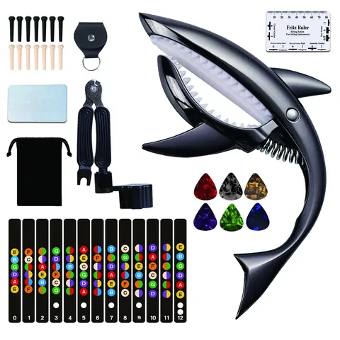 Zinc Alloy Shark-Shaped Capo Kit (8-Piece, Compact, Button Closure) - 3-in-1 String Tool with Winder & Pin Puller for Acoustics, Ukulele, 6 Picks, Color-Coded Fretboard Stickers, Sweat-Proof Washable Cloth, Pick Case, Bridge Pins, Drawstring Pouch