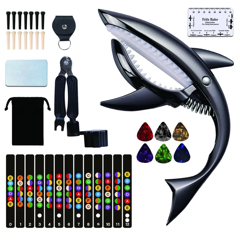 Zinc Alloy Shark-Shaped Capo Kit (8-Piece, Compact, Button Closure) - 3-in-1 String Tool with Winder & Pin Puller for Acoustics, Ukulele, 6 Picks, Color-Coded Fretboard Stickers, Sweat-Proof Washable Cloth, Pick Case, Bridge Pins, Drawstring Pouch