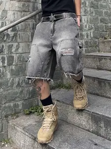 Men's Plain Ripped Pocket Denim Shorts, Trendy Casual Wear, Comfortable Fit, Perfect for Daily Use, Loose Straight Leg Design, Ripped Jeans