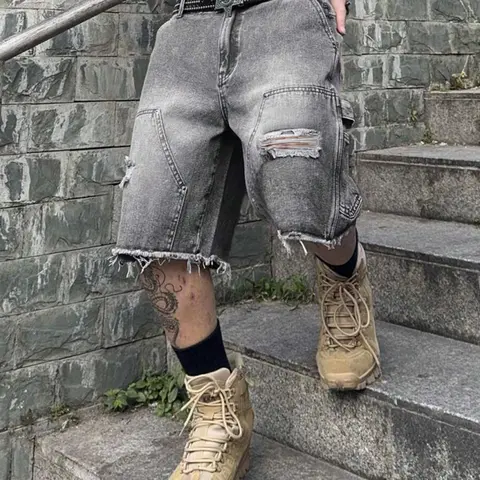 Men's Plain Ripped Pocket Denim Shorts, Denim Look, Trendy Casual Wear, Comfortable Fit, Perfect for Daily Use, Loose Straight Leg Design, Ripped Jeans