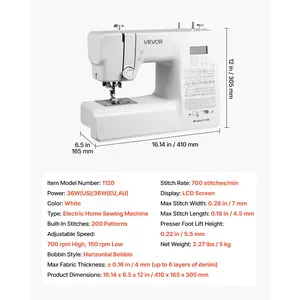 VEVOR Computerized Sewing Machine, 200 Stitch Applications, with LCD Screen, Foot Pedal and LED Light, Heavy-Duty Metal Frame, Digital Sewing Machine with Powerful Motor for Crafts and Mending