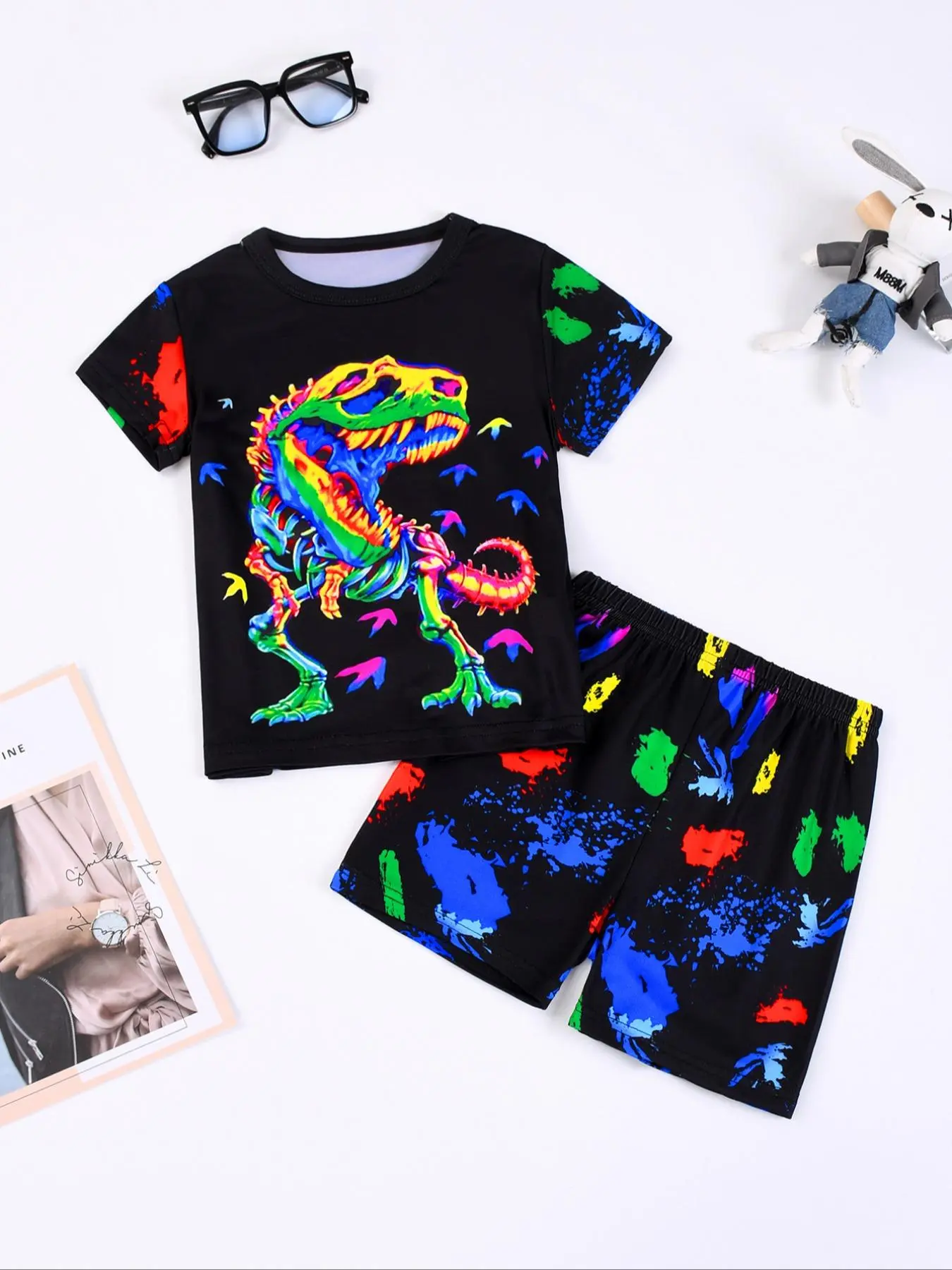 Toddler Boy's 2pcs Dinosaur & All Over Print Short Sleeve T-shirt Tee & Elastic Waist Shorts Loungewear Set, Casual Comfortable Graphic T-shirt Top & Shorts Pj Set, Kids Sleepwear for All Seasons