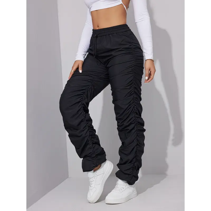 [High-Waist Ruched Chic Joggers Elastic] Women's Chic High-Waist Ruched Joggers - Solid Color, Nylon & Polyester Blend, Machine Washable, Elastic Waist, Long Pants