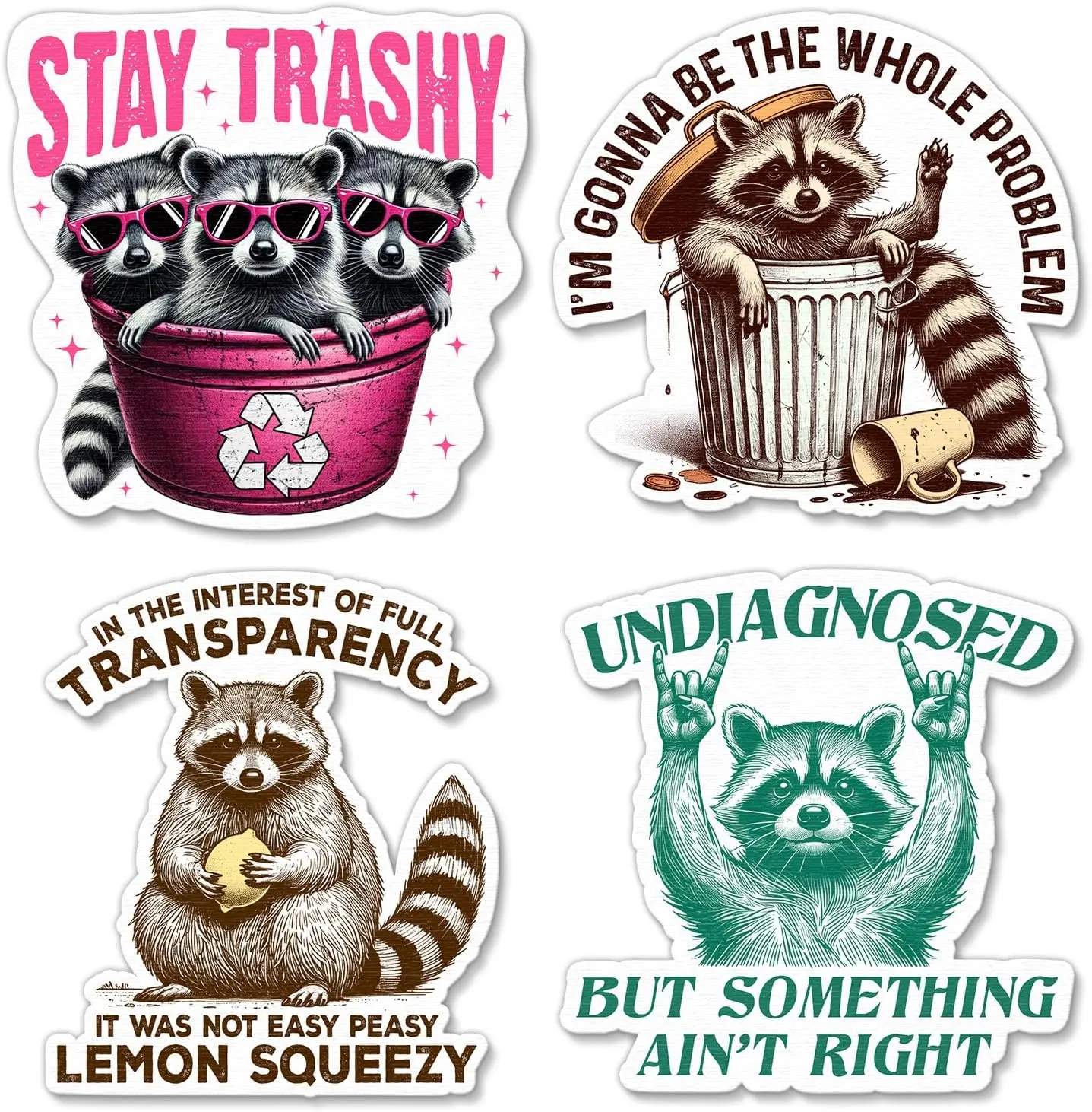 Funny Raccoon Vinyl Decal Set - 4 Unique Sarcastic Phrases, Durable Waterproof Adhesive Decals for Car Bumpers, Laptops, Water Bottles, Waterproof Decal